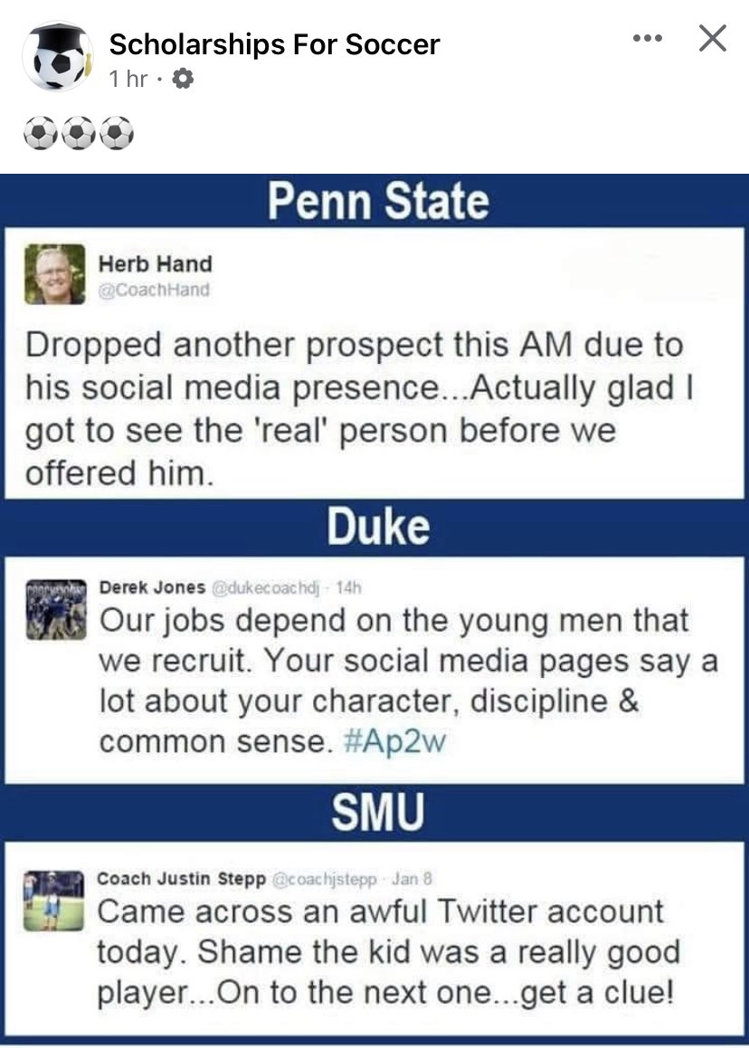 CoachKleinPT's tweet photo. Please please PLEASE think before you post. College athletic depts hire people specifically for this job alone! https://t.co/1EKDabu7L4