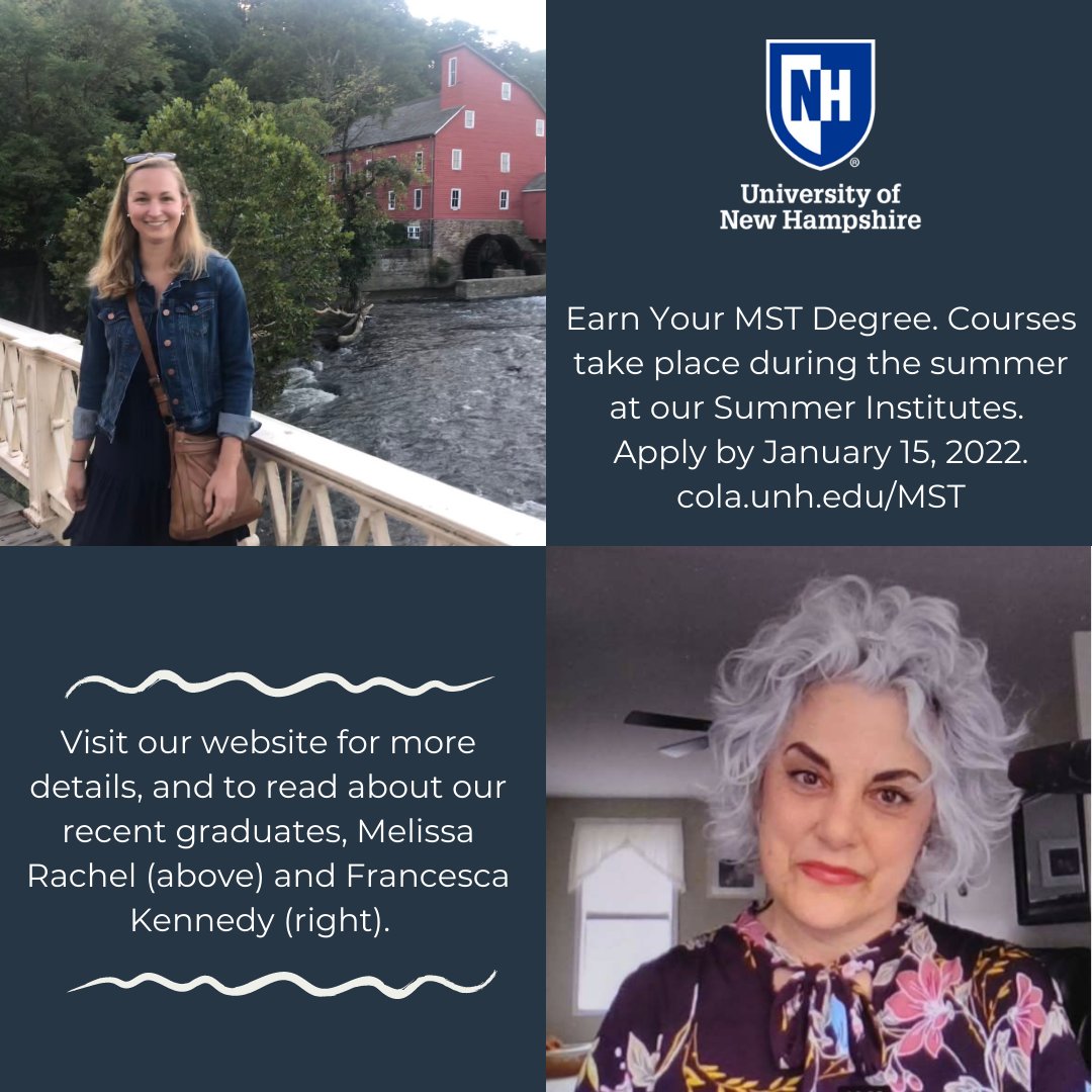 UNHLit's tweet photo. English Teachers, earn your MST degree. Courses take place during the summer at our Summer Institutes. Apply by January 15, 2022. Visit our website (https://t.co/a8jpegvrEa) for more details and to read about our recent graduates.

#NHLit #UNHLit #NHLI #COLAstrong #UNHGradSchool https://t.co/F0jloPD3BX