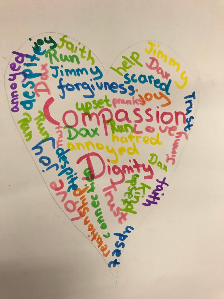 SoulsSchool's tweet photo. Year 5 have been learning about ‘Compassion and Dignity’ in Positive Behaviours Week. They created wordles based on Malachy Doyle’s ‘Run, Jimmy, Run’ #compassion #dignity #positivebehaviourweek https://t.co/643Zau0nrE