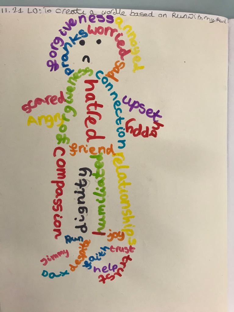 SoulsSchool's tweet photo. Year 5 have been learning about ‘Compassion and Dignity’ in Positive Behaviours Week. They created wordles based on Malachy Doyle’s ‘Run, Jimmy, Run’ #compassion #dignity #positivebehaviourweek https://t.co/643Zau0nrE