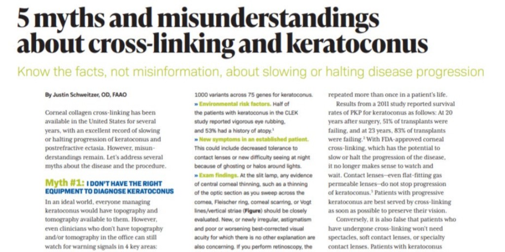 Let’s address several myths about the disease and the procedure-- 
'5 Myths and Misunderstandings About Cross-Linking and Keratoconus' by Justin Schweitzer, OD, FAAO 

Follow Link:  ow.ly/p6lR50GNiZK

<a href="/OptometryTimes/">Optometry Times</a> 
#IntrepidEyeSociety
#optometry #optometrist