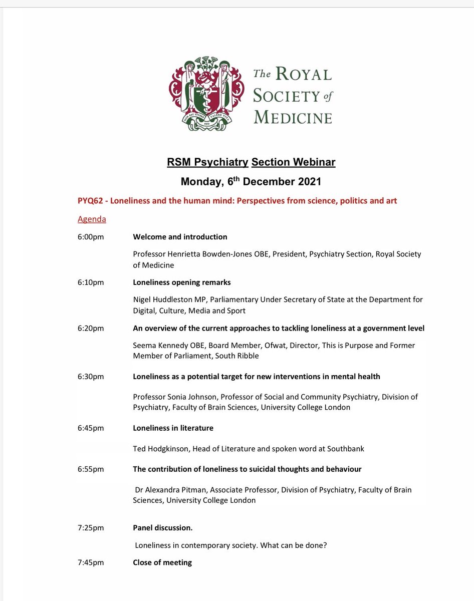Loneliness and the Human Mind. What a perfect evening awaits us on 6th December ⁦<a href="/RoySocMed/">The Royal Society of Medicine</a>⁩ !! So happy to be able to host ARTS CULTURE and POLITICS all under the RSM roof to tackle Loneliness. Sign up on RSM website! Open to all.