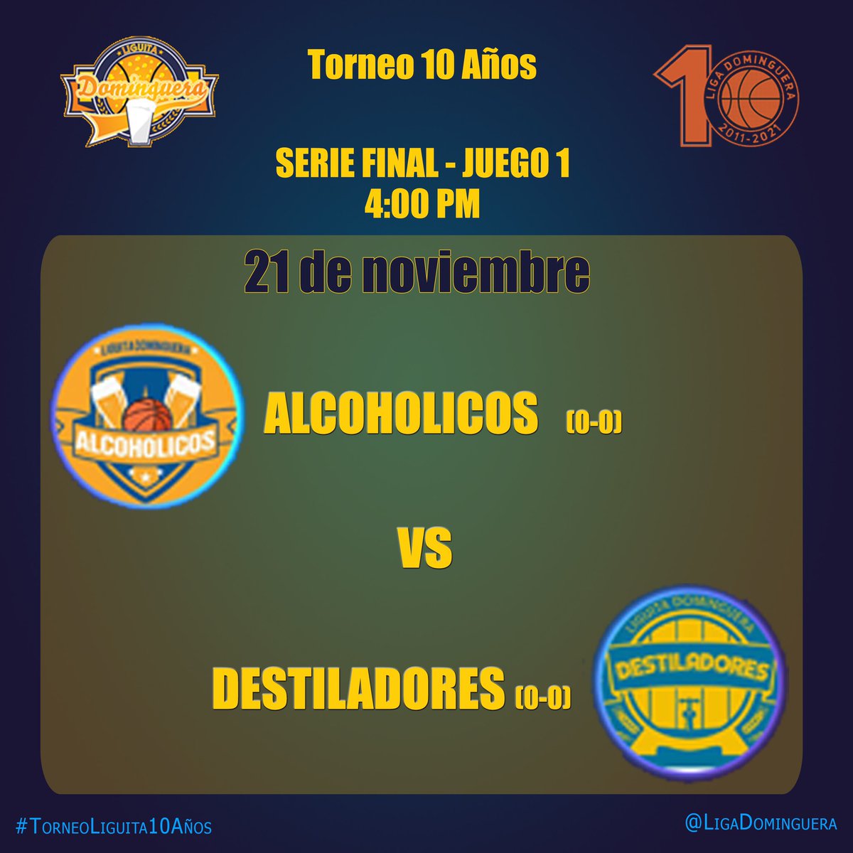 LigaDominguera's tweet photo. Este domingo 21 arranca la FINAL del #TorneoLiguita10Años !!!
#Alcoholicos vs #Destiladores en una serie pactada al mejor de 3 juegos.
Trae tu Romo y voceale al más feo.
¡Te esperamos! https://t.co/mEyfNsXZlf