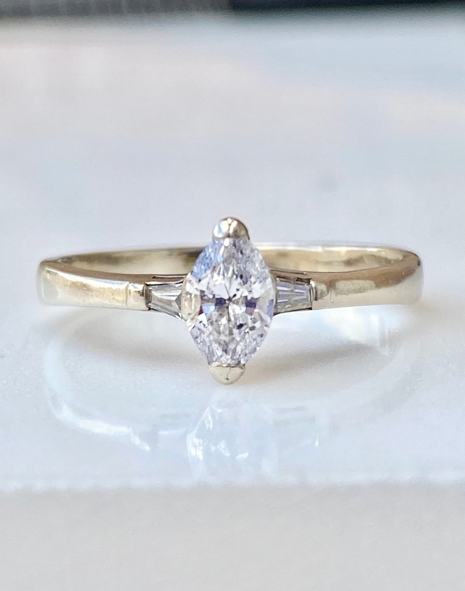 Excited to share the latest addition to my #etsy shop: Diamond Three Stone Engagement Ring in 14k Gold, Marquise Cut Center, .40 TCW., White Gold, Vintage, Wedding, Size 7 1/2 etsy.me/3cB6Wzb #diamondaccents #whitegold #diamond #14ksolidgold #LittleWomenVintage