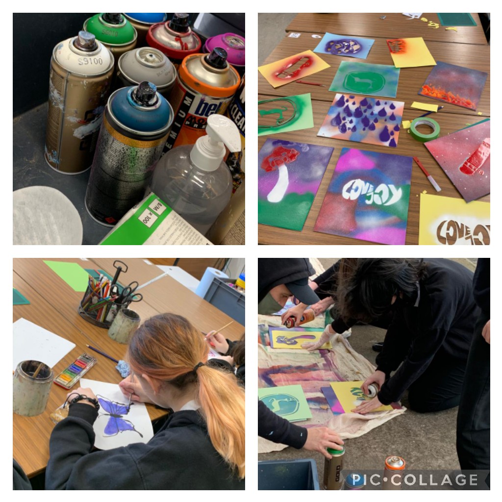 So proud of our S2 students taking on stencil work and spray painting. What a way to end the week! Thank you Ali from <a href="/RecoatGallery/">Recoat</a> 💥