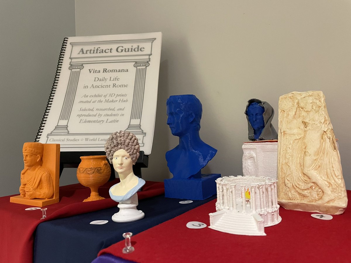 TWimperis's tweet photo. It’s that time of year again—the latest 3D print exhibit from my Elementary Latin students just went up! Featuring a fully painted Fonseca Bust, a Temple of Vesta with a little flame inside, a Palmyrene funerary relief, and even a multicolored Caligula! #ClassicsTwitter https://t.co/W5gb40VvsY