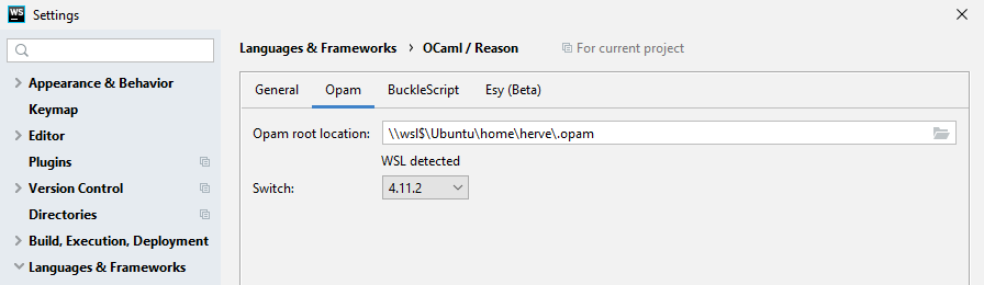 h_giraud's tweet photo. Working on adding ocaml editing in other editors than IntelliJ.

Here, screenshot is from Webstorm.

Opam switch is created as a library (external). Options are moved to settings screens. https://t.co/amVG6XfO1d
