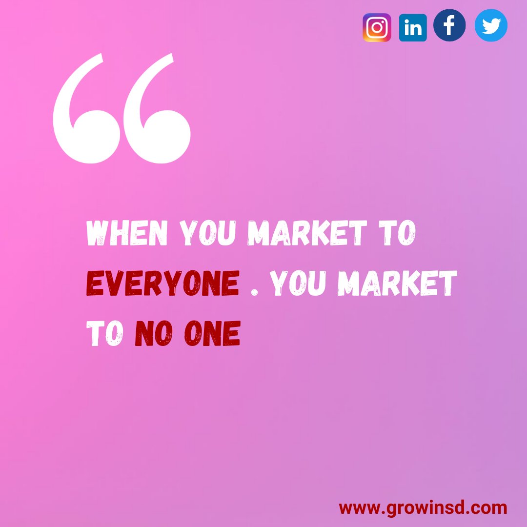 growinsightsd's tweet photo. If you're selling to everyone, you're selling to no one. “If you try to be all things to all people, you won't be anything to anybody.” That phrase has stayed with us for many years and provided us with a couple tried-and-true tests when learning about clients.
#marketingtips https://t.co/oC6GUFA8w0