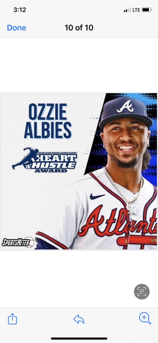 SportsMeter's tweet photo. Huge congrats to ⁦@ozzie⁩ #HeartandHustle award winner #mlb #braves 👏👏👏 https://t.co/90lyQzUFwO