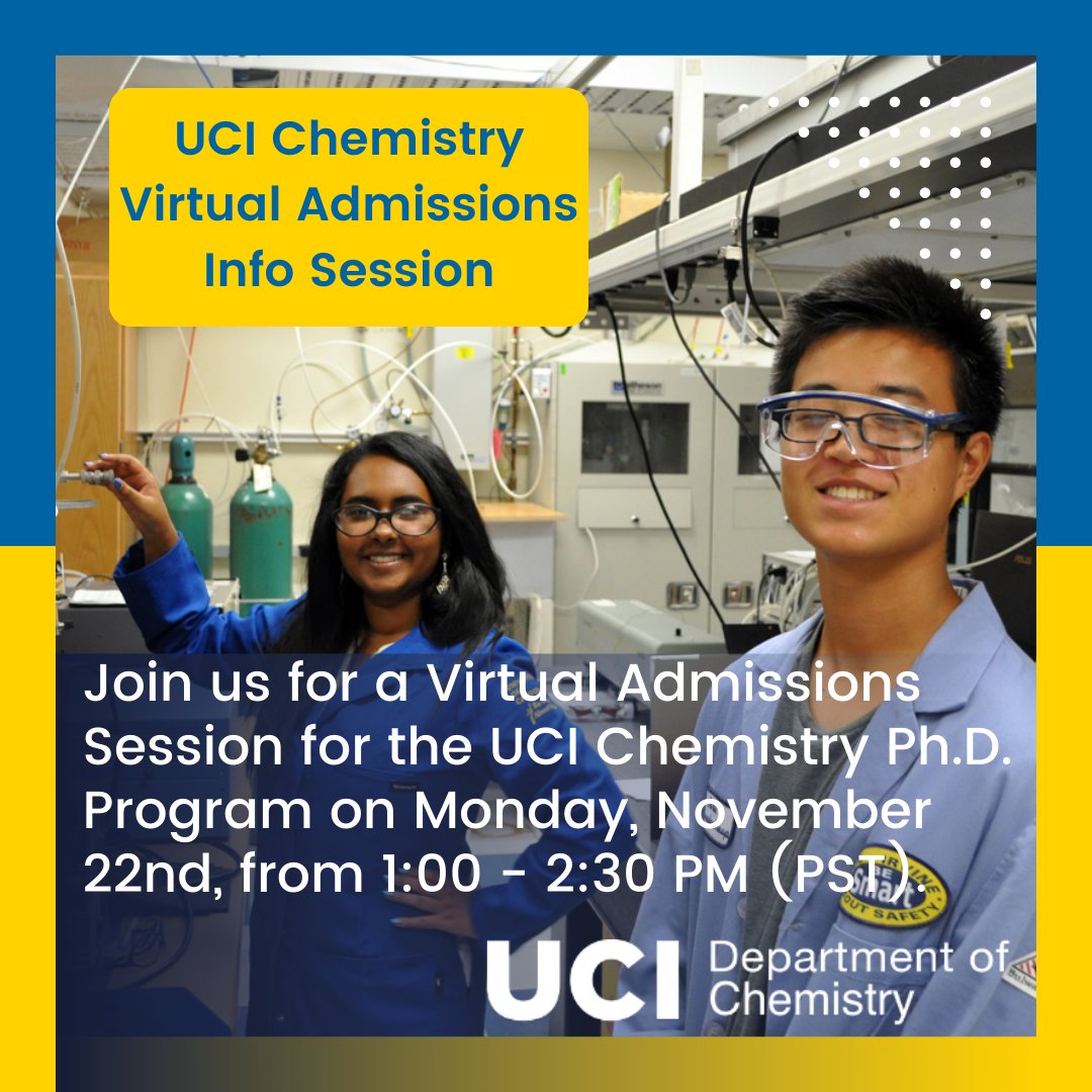 UCIChemistry's tweet photo. Undergraduates - are you interested in pursuing a PhD in Chemistry? Why not come do it with some of the world's leading experts in Southern California? Learn more about our PhD program this Monday, November 22nd from 1:00 -2:30 pm (PST). Register here: https://t.co/BQHCLdyz4K https://t.co/kpC5DfXu3a