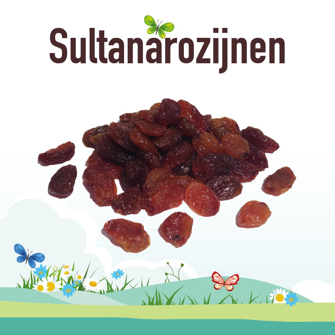 De naam “rozijn” hebben we afgekeken van het Franse woord “raisin”, wat “druif” betekent. Rozijnen zijn dus gedroogde druiven en Sultana rozijnen zijn gedroogde (pitloze) Sultana druiven – een specifiek en van nature zoet druivenras. #weetjes