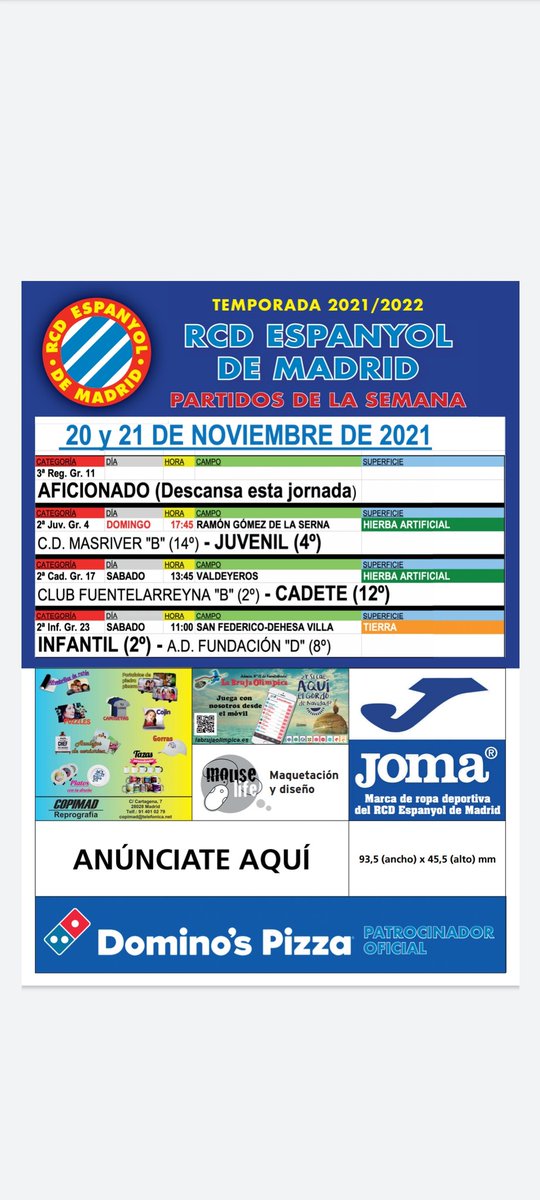 ¡Partidos del finde! 🥳

El Senior descansa esta jornada.
El Juvenil visita el 🏟️ del <a href="/CDMasriver/">C.D. Masriver</a> .
El Cadete se enfrentará al <a href="/CFuentelarreyna/">Club Fuentelarreyna</a> .
El infantil buscará volver a la senda de la victoria 🆚 <a href="/FundacionADF/">Club Fundación A.D.F. 🇪🇸</a> .

¡A por todas! 😎⚽