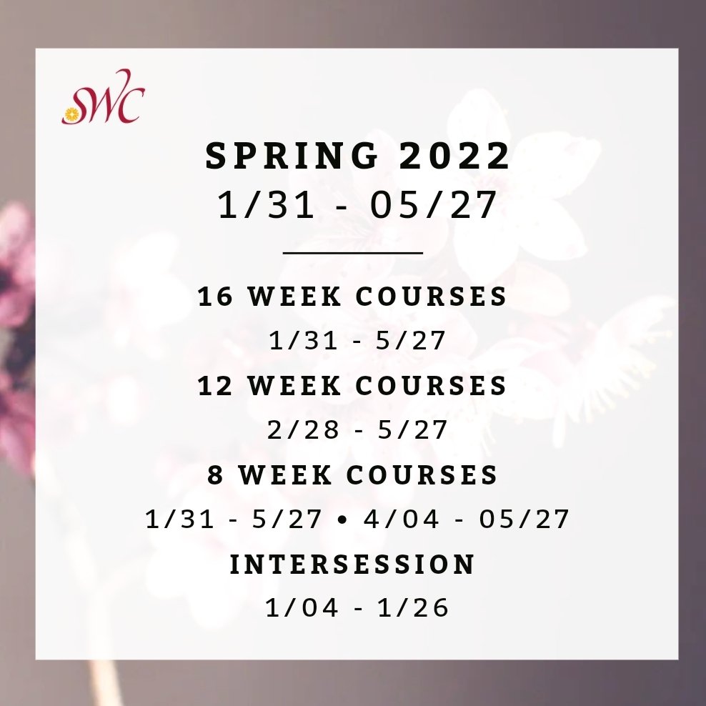 swc_hecsy's tweet image. Hey Jags! Did you know @southwesterncollege offers 16, 12 and 8 week courses? As well as a one month courses for Spring 2022? See post for details! 📚 
𝙌𝙪𝙚𝙨𝙩𝙞𝙤𝙣𝙨? Send us a 𝘿𝙈 📨