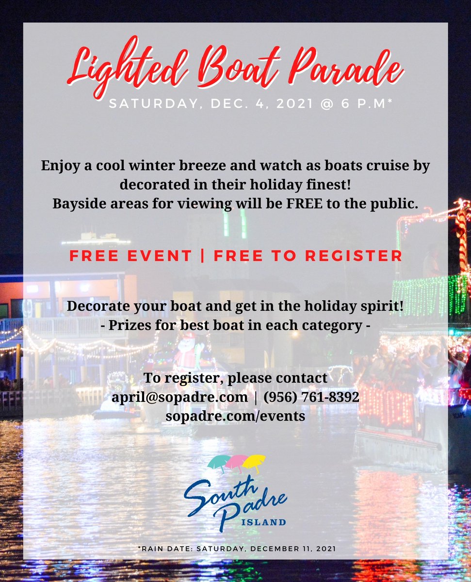 FishTIFT's tweet image. Calling all boats! Join in on the South Padre Island Annual Lighted Boat Parade, Saturday Dec 4, 2021 - it's free to register! Plus: cash prizes &amp;amp; giveaways for top boats in each category! Visit sopadre.com/lighted-boat-p… to sign-up, or call 956-761-8392. #RGV #SouthPadreIsland