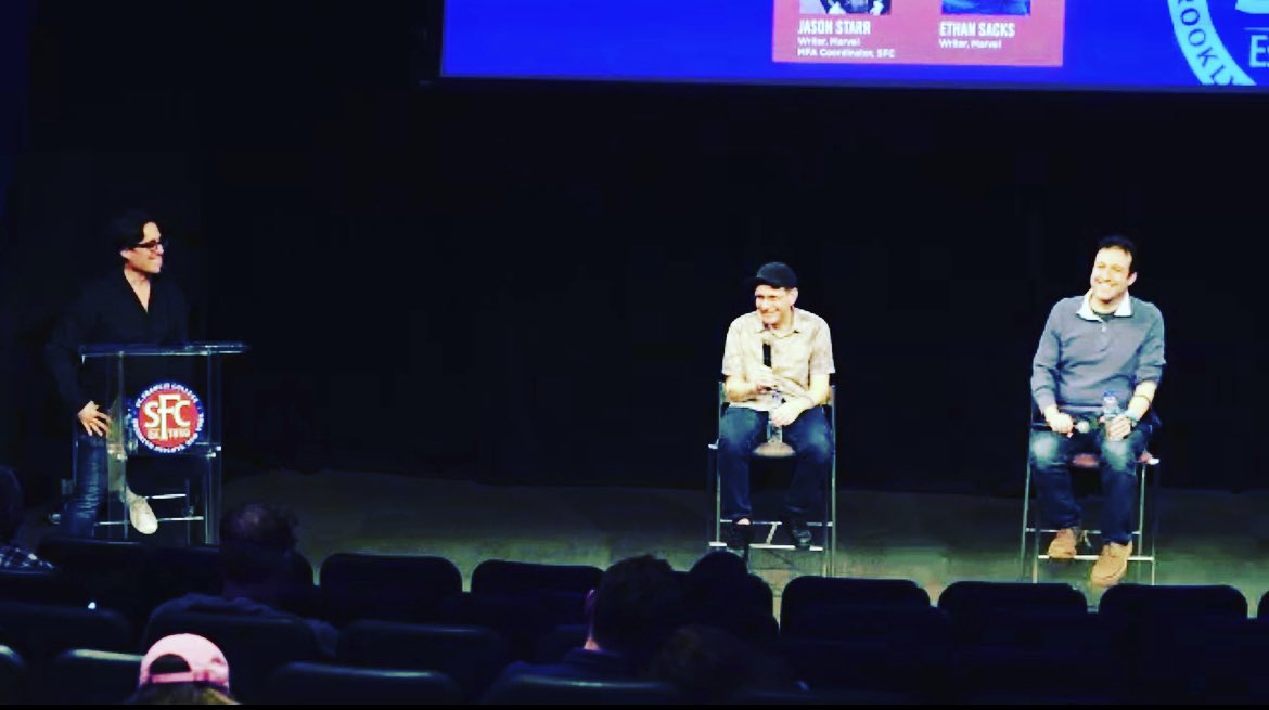 JasonStarrBooks's tweet photo. Last night in Brooklyn, great event with guests @stuartmoore1 & @ethanjsacks talking comics and our NEW MFA track in Comics at St. Francis College in Brooklyn! Apply now @SFC_MFA #writeinbrooklyn
@SFCNY @AWA_Studios @Upshot_Studios https://t.co/ssPzmXrxfn