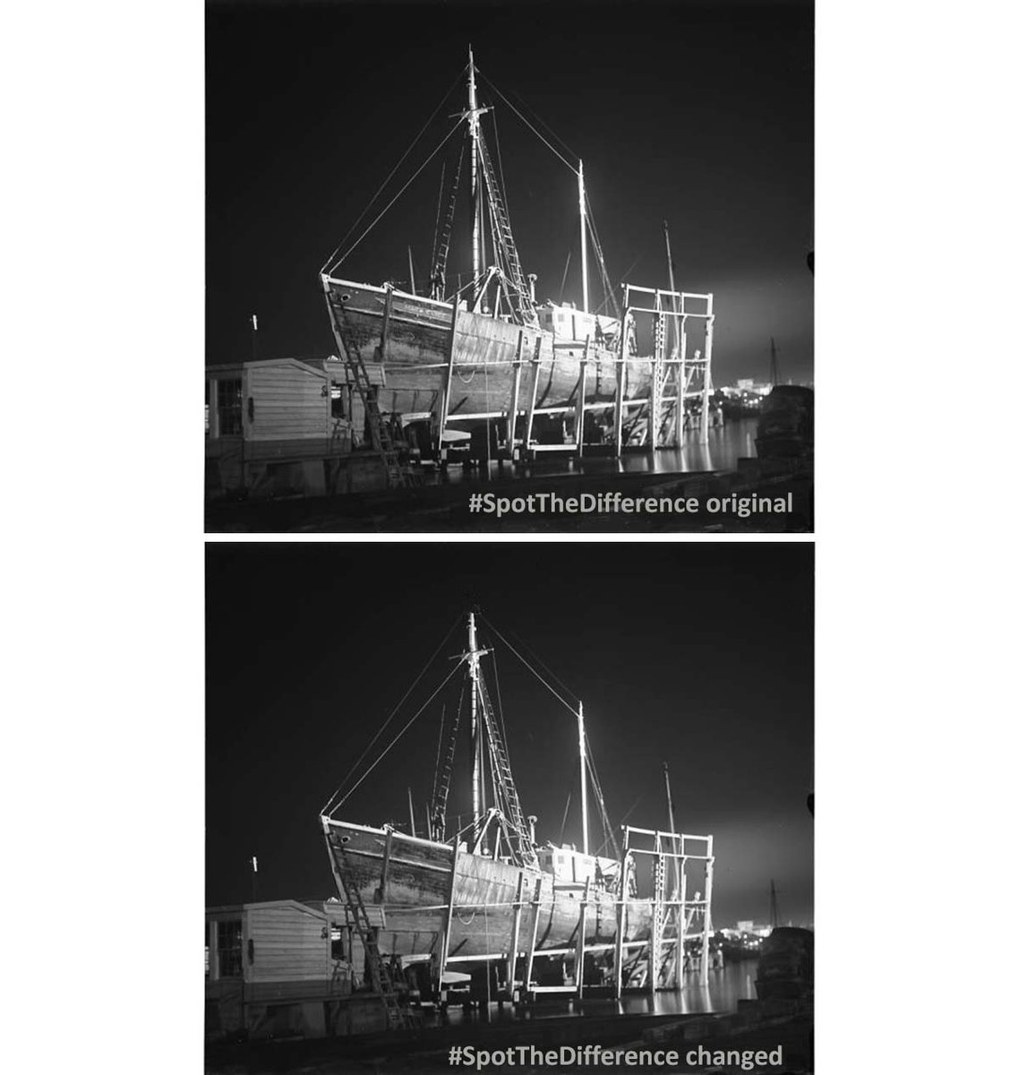 whalingmuseum's tweet photo. This historical photo by Albert Cook Church of fishing schooner Mary Chase on dry dock at night, reminds us of contemporary nocturnal paintings by Roy St. Christopher Rossow. https://t.co/COaOLwQXyP Can U find 3 changes we made for #SpotTheDiffernce? Solution Sat. #FridayFun https://t.co/psMj6t6MRj