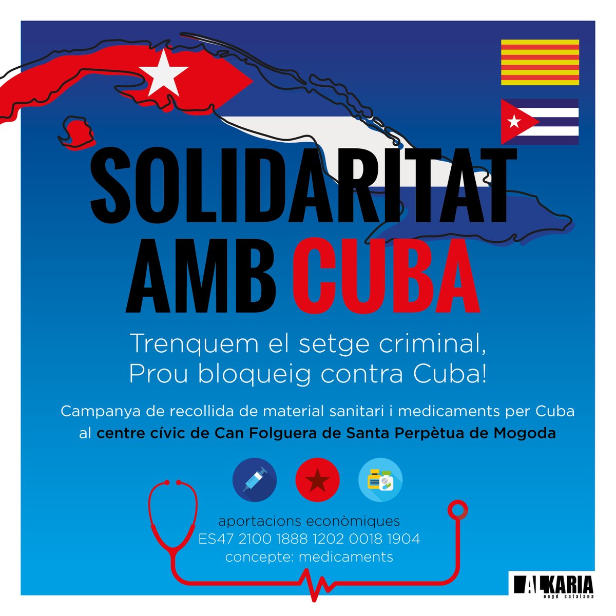 avuiaSPM's tweet photo. @Alkaria_ONGD organitza una campanya de recollida de material sanitari per Cuba.

Les aportacions es poden portar al #CívicCanFolguera.

També es poden fer aportacions econòmiques.

Fins al #31DES https://t.co/zjG1TRHdKY