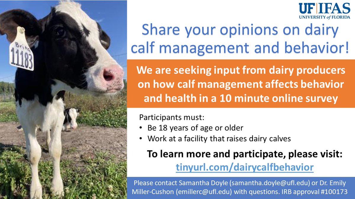 We are seeking input from US dairy producers and calf care staff - please take 10 minutes to share your thoughts on calf management and behavior! Please share!
tinyurl.com/dairycalfbehav…