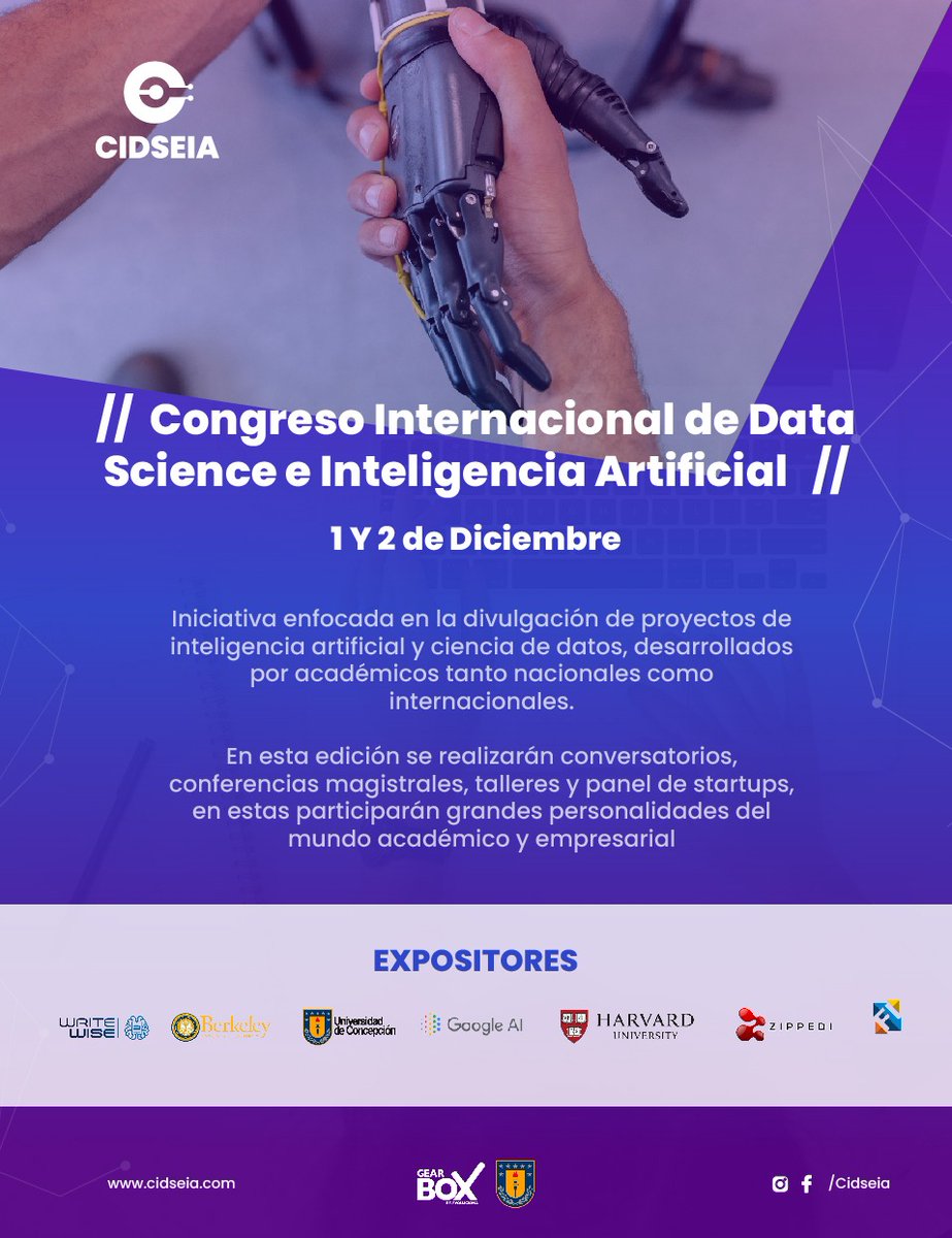 ieee_udec's tweet photo. ¡Este 1 y 2 de Diciembre participa en la primera edición del Congreso internacional data Science &amp; IA!
Te invitamos a ser parte de esta gran iniciativa, para que te enteres de todo lo necesario para afrontar el mundo laborar en la época de la cuarta revolución industrial https://t.co/tmINd8PYcB