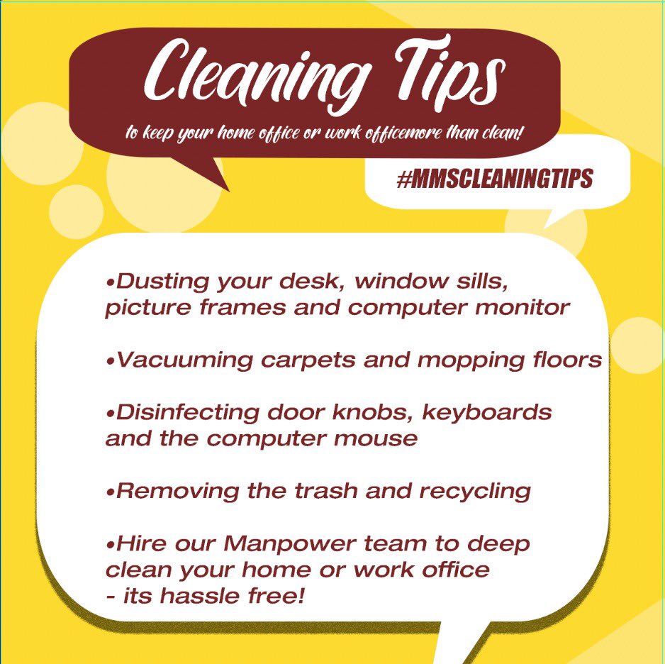 MMSGroupLtd's tweet photo. A clean organized workspace decreases distractions and encourages productivity. Follow these #MMSCleaningTips to keep your home office or work office more than clean!

Contact us today! (876)618-2942 / whatsapp (876)326-8318 https://t.co/i7Coang9a1