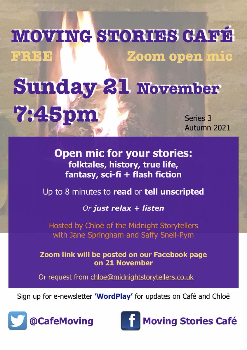 Sunday night delight. Free. Not late!
Zoom link will b posted on Facebook Event pg Sunday or email chloe[at]midnightstorytellers[dot]co[dot]uk
💫Bring yr prose story to READ or TELL HOT OFF THE TONGUE
<a href="/kitchtweet/">🎙Steve Kitchen</a> <a href="/fayehatcher/">Faye Hatcher</a> <a href="/BBCGlos/">BBC Gloucestershire</a> @sfs_uk @CotsLifeEditor <a href="/GlosHeritageHub/">Gloucestershire Heritage Hub</a>