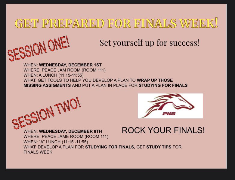 PHSPostGrad's tweet image. Feeling nervous about getting those grades up as we near the end of the semester? We got you covered! ✏️ Put these dates on your calendar so you can get extra help with studying and completing assignments! Dec 1 &amp;amp; Dec 8 in the peace jam room (111) 📚