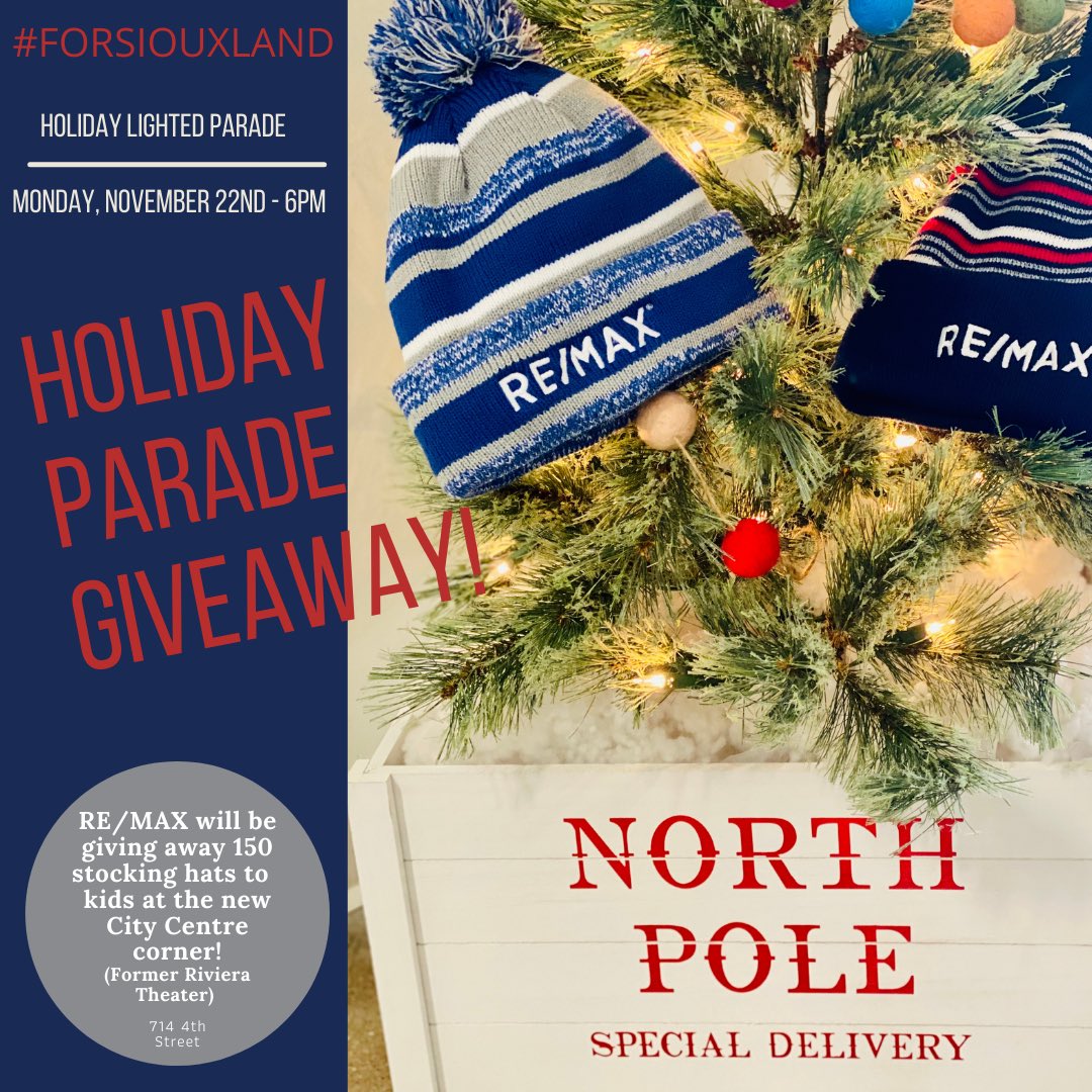 sellsiouxcity's tweet photo. SPECIAL DELIVERY FROM THE NORTH POLE!
@REMAXPrefer is giving away more than 150 stocking hats to kids at the Holiday Lighted Parade presented by @DowntownSCIowa! Check out the holiday displays lighting up 50 feet of windows at the new City Centre (former Riviera.) #FORSIOUXLAND https://t.co/9zPa3unEEF