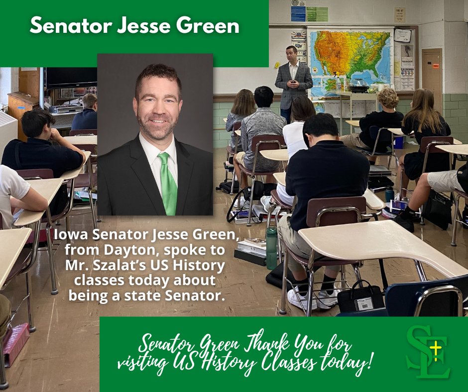 SEGaels's tweet photo. Iowa Senator Jesse Green visits Mr. Szalat's US History classes today at St. Edmond Catholic School. We appreciate Senator Green for making time in his schedule.
.
.
.
#iowasenator #ushistoryclass #stedmondcatholicschool #fortdodge https://t.co/qnI7srUhm7