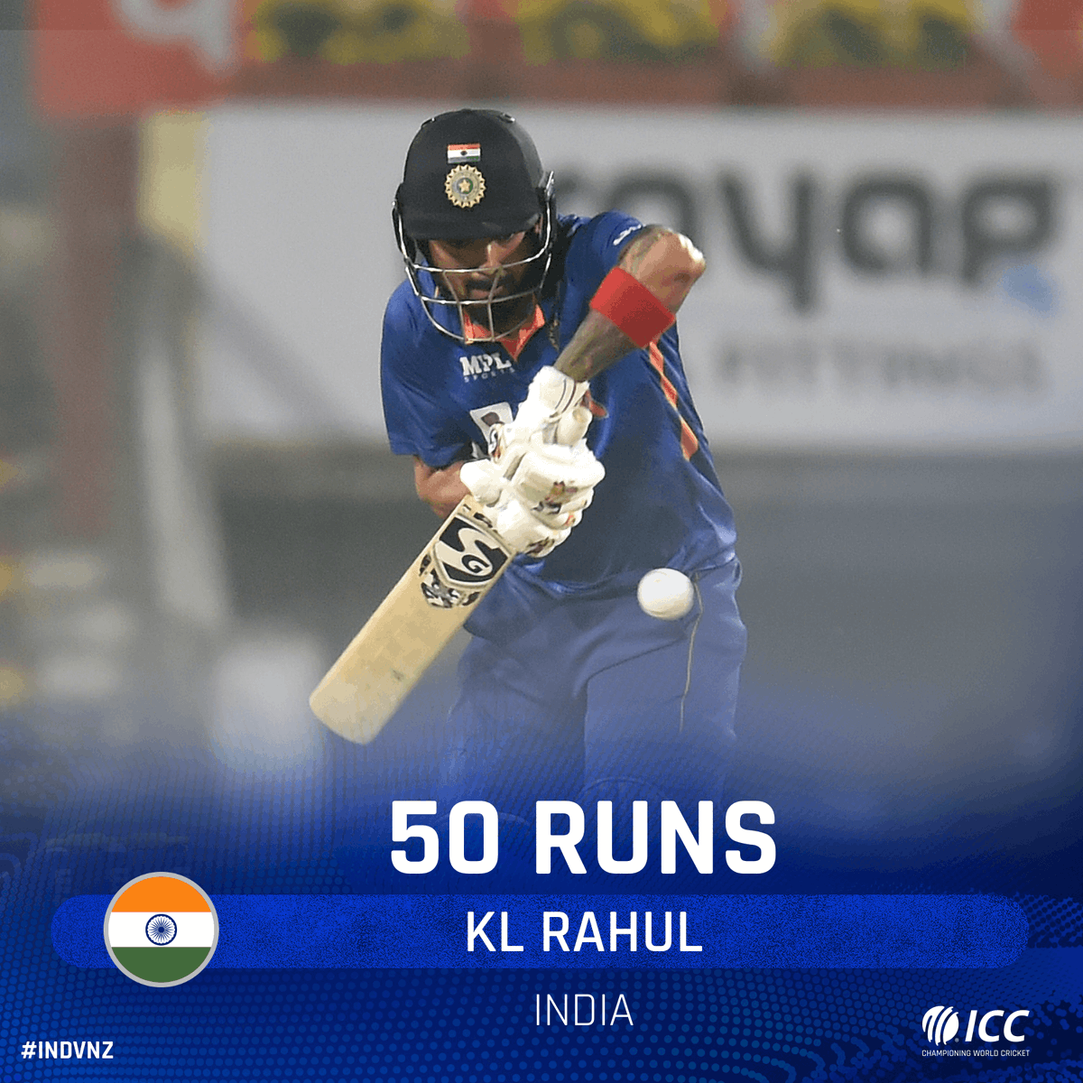 ICC's tweet photo. KL Rahul reaches his 16th T20I half-century with a SIX! 👏

India are 92/0, requiring 62 runs from nine overs.

#INDvNZ | https://t.co/lFuMngtM1U https://t.co/cb2B5P8aq6