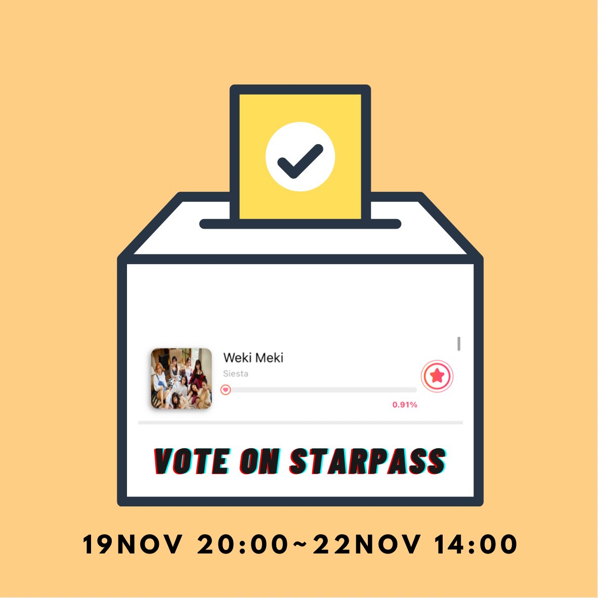 🗳 PRE-VOTING FOR WEKI MEKI ON ST4RPAS5 (THE SHOW)
❤️ unlimited votes (1 vote = 10 jellies)
🧡 Can save 500 jellies for live voting (= 5 votes per acct), or purchase after pre-voting ends
💛 Let’s go! 🤘🏻🤘🏻 (can also purchase jelly if you want)

Let’s do it for the girls!