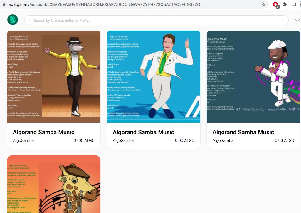 I have just launched the FIRST 4 AlgoSamba #music #nft at <a href="/AB2_Gallery/">AB2 Gallery</a> !  <a href="/Algorand/">Algorand Technologies</a> <a href="/AlgoFoundation/">Algorand Foundation</a> <a href="/tinymanorg/">tinyman.algo</a> <a href="/YieldlyFinance/">Yieldly</a> <a href="/opulousapp/">Opulous</a> 

Hey <a href="/silviomicali/">Silvio Micali</a> Have you got yours?
#foundrising #demoversion

ab2.gallery/account/J2BAZE…