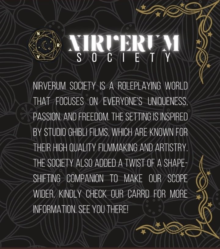 NAME : Nirverum Society
USERNAME : <a href="/NSOCIETYRPW/">NIRVERUM SOCIETY</a> 
HOW TO JOIN : Kindly check our carrd: nirverum.carrd.co and send your forms to <a href="/NRVKAKUSHI/">PORTAL — accepting!</a> or <a href="/HAKUAMARA/">MARGA.</a>!
DATE OF OPENING : October 31, 2021 - accepting of new kitsunes
CLOSED/OPEN: CLOSED
N/SFW : SFW
DESCRIPTION :