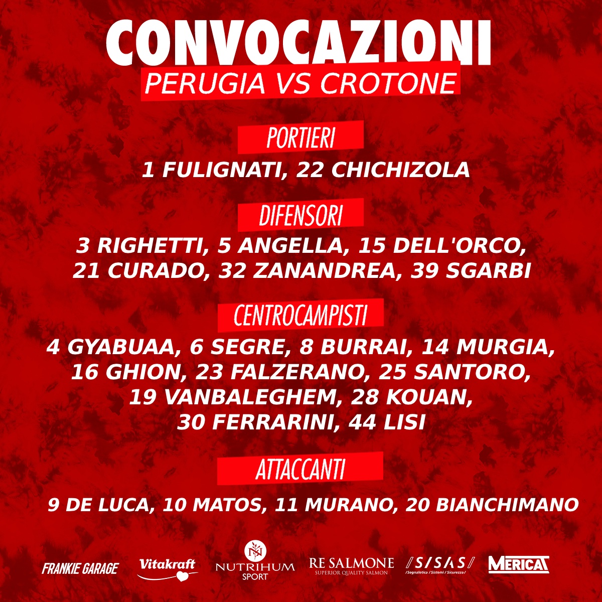 ACPerugiaCalcio's tweet photo. 📋| Ecco i nostri 2⃣3⃣🦁!

FORZA RAGAZZI!

#PerugiaCrotone #PERCRO @Lega_B https://t.co/bmplMiPwJp