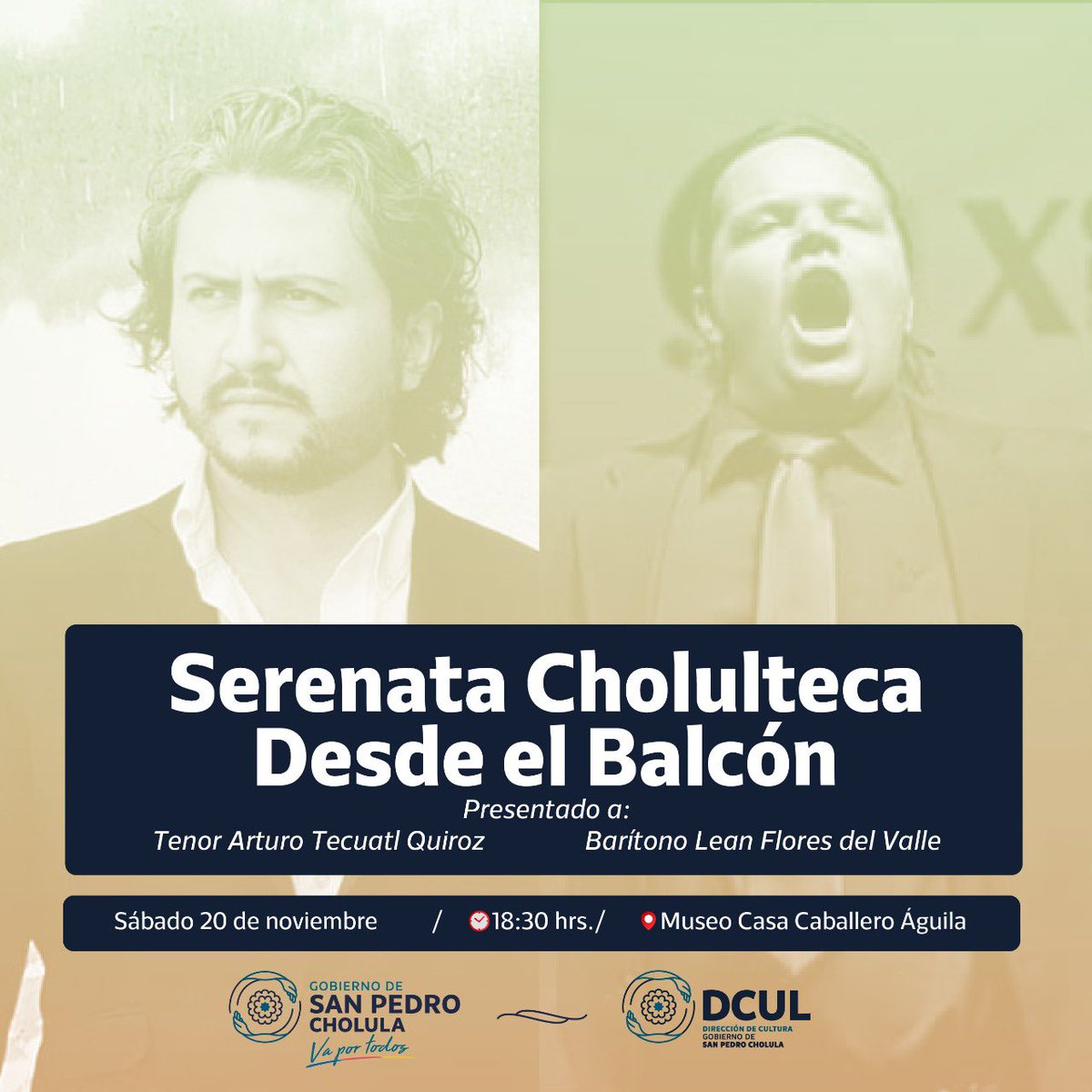 🎶 Acompáñanos a la Serenata Cholulteca Desde el Balcón, donde estará el tenor Arturo Tecuanipan Quiroz y el barítono Lean Flores Del Valle.

📆 Sábado 20 de noviembre
⏰ A partir de 18:30 hrs.
📍Museo Casa del Caballero Águila 

#UsaCubrebocas 
#VaPorTodos 🙌🏽