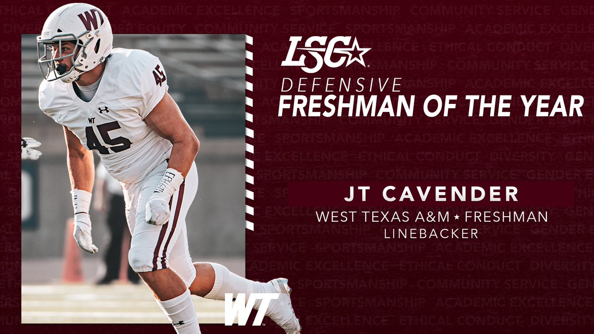 Congratulations to 2021 #LSCfb Defensive Freshman of the Year JT Cavender of @WTBuffNation! 🏈

🔗 bit.ly/30E6RJ1