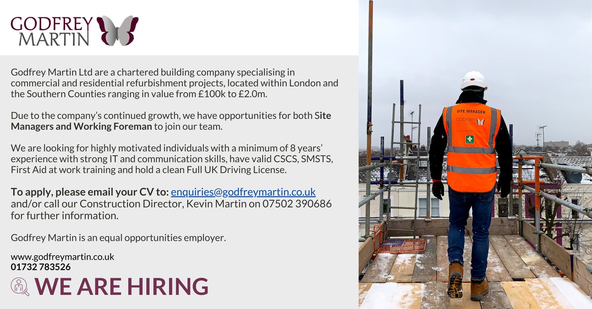 Due to the company’s continued growth, we have opportunities for both Site Managers and Working Foreman to join our team.
To apply, please email your CV to: enquiries@godfreymartin.co.uk and/or call our Construction Director, Kevin Martin on 07502 390686 for further information.