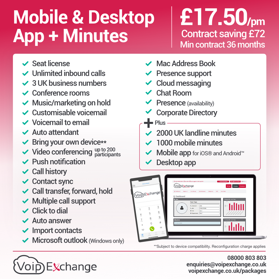 Check out our ultimate Cloud Telephony bundle, available to order online now! 

Live chat with our Account Managers to discuss our multiple other options if your requirements vary.  ow.ly/Oykq50GS5XS

#cloudtelephony #bundles #businessphones #minutes #app