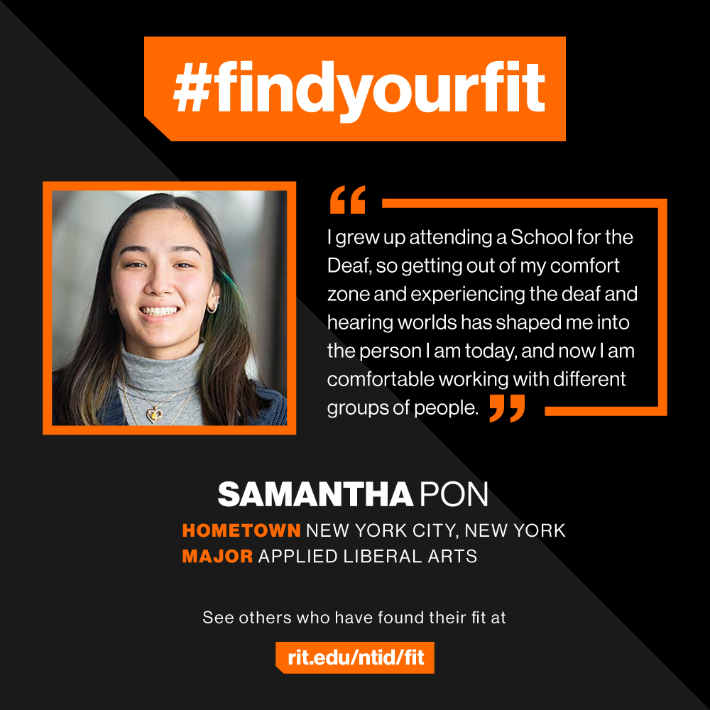 RITNTID's tweet photo. Samantha Pon found their fit in our Applied Liberal Arts program. See others who have found their fit: https://t.co/Eh9rqyqsy4

#FindYourFit #FYFF #FindYourFitFriday #DeafExcellence #ProudTiger #TigerPride #RITNTID https://t.co/faqH8PR0gi
