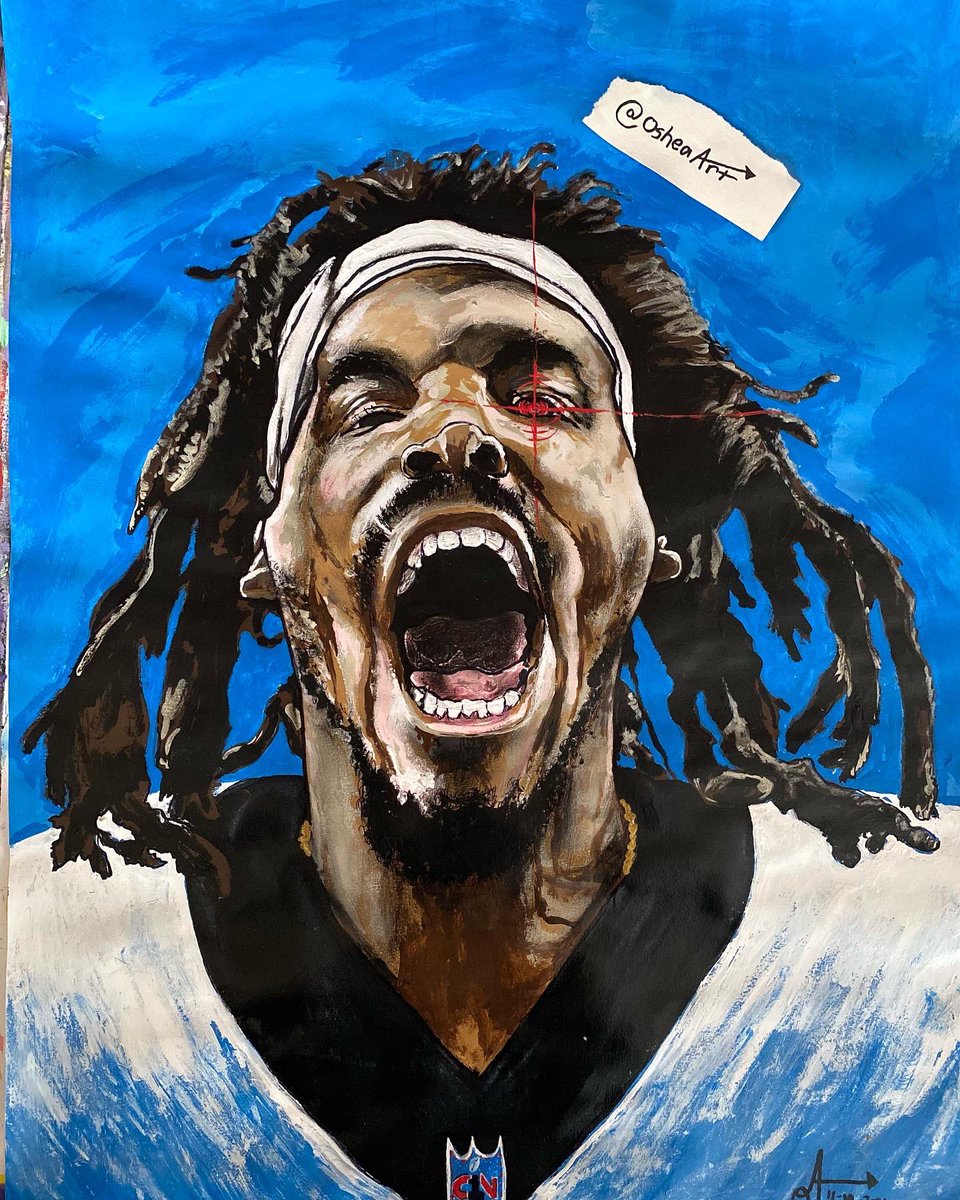 osheaart's tweet photo. “I’m Baaaaaaaaack!!” 18x24 acrylic painting by me! 🎨🏈. Please share and tag @CamNewton7v7 so I can get this to him. #CamNewton #imback #art #FYP #CarolinaPanthers #osheaart https://t.co/h5z6nG2sdf