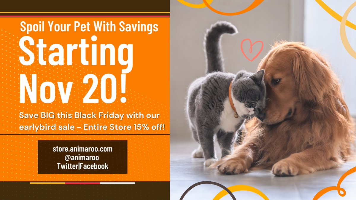 animaroo's tweet image. 😁Long time, no Tweet! Animaroo is back and ready to share some savings with our fur-loving friends 😻 Starting Nov 20 we're hosting our #BlackFriday Sale! Save early this year: bit.ly/3FykUOO

#Sale #Thanksgiving #Pets #puppy #kitten #cats #petstore #petsupplies