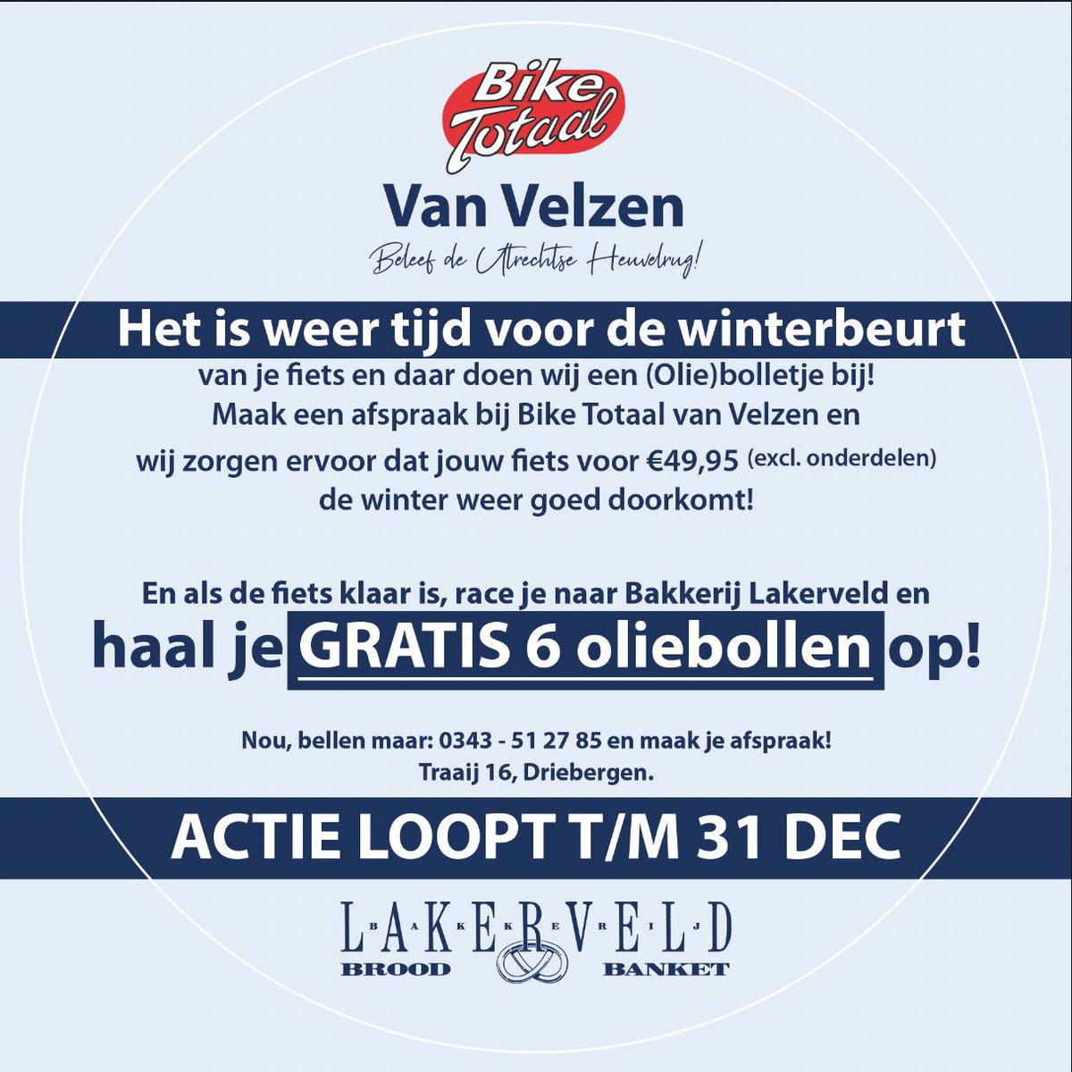 vVelzenFietsen's tweet photo. #Winterbeurt voor je fiets = 6 Oliebollen scoren bij @dewaiksebakker in #Driebergen!!
Maak alvast een afspraak (Flyer zit volgende week bij de krant) en wij zorgen er weer voor dat je fiets als een zonnetje rijdt! https://t.co/qU1zdQ6INC