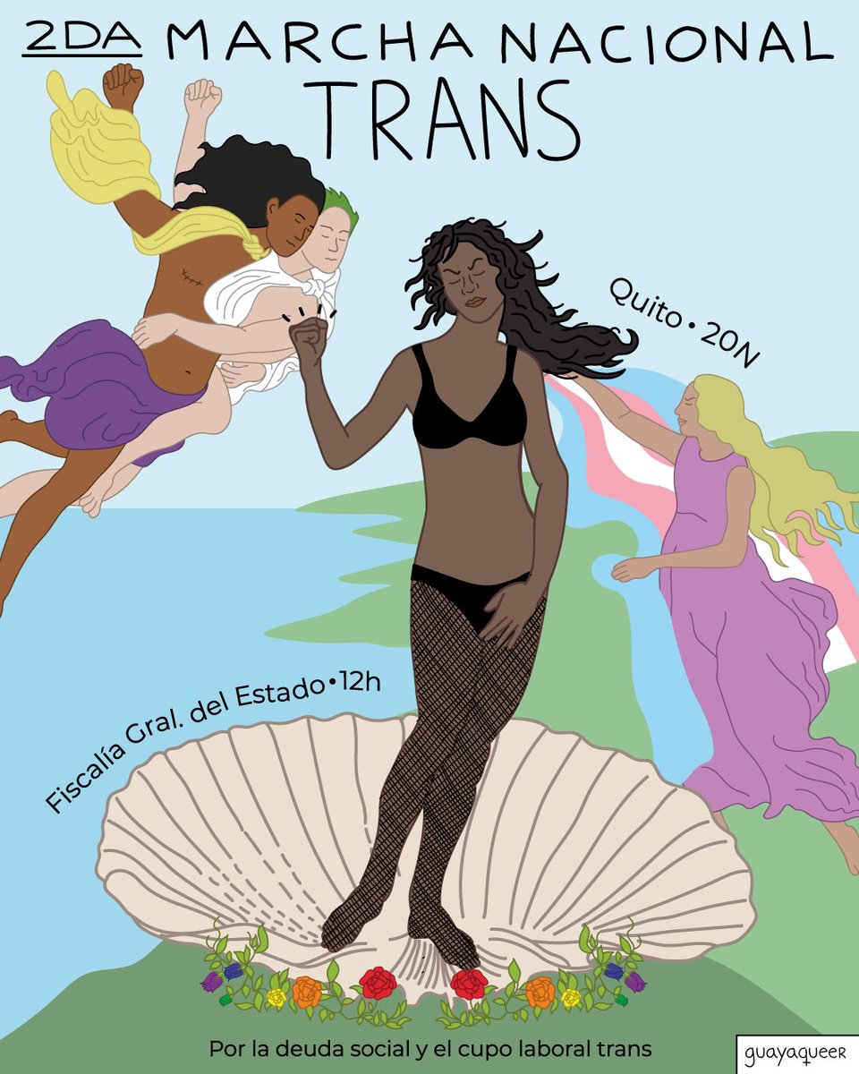 guayaqueer's tweet photo. Mañana 20N es el #DíaDeLaMemoriaTrans y por segundo año consecutivo se realizará la #MarchaNacionalTrans en las ciudades de Guayaquil y Quito! 🇪🇨🏳️‍⚧️ 
Este año #MarchamosTrans por la enorme deuda social que existe hacia las personas trans y por el cupo laboral trans ✊🏾💜✊🏼 https://t.co/KPN8HqofmZ