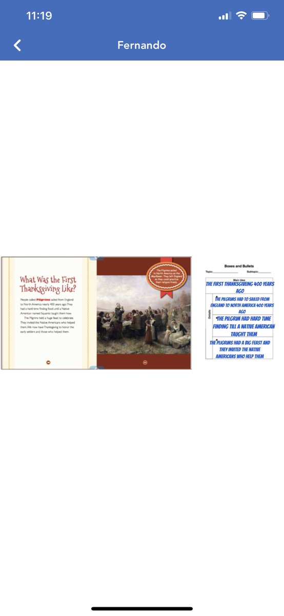 MollyRobb5's tweet photo. Today we used the text strategy of Main Idea and Key Details to learn about the first Thanksgiving! #Hiawathapride #D100inspires https://t.co/PXWPMCAv7H