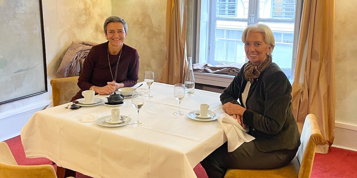 Lagarde's tweet photo. Very good to catch up with Commissioner Margrethe @vestager on the implementation of the Recovery and Resilience Facility and the European Payments Initiative that we both support and encourage. https://t.co/FCAvxAfH7S