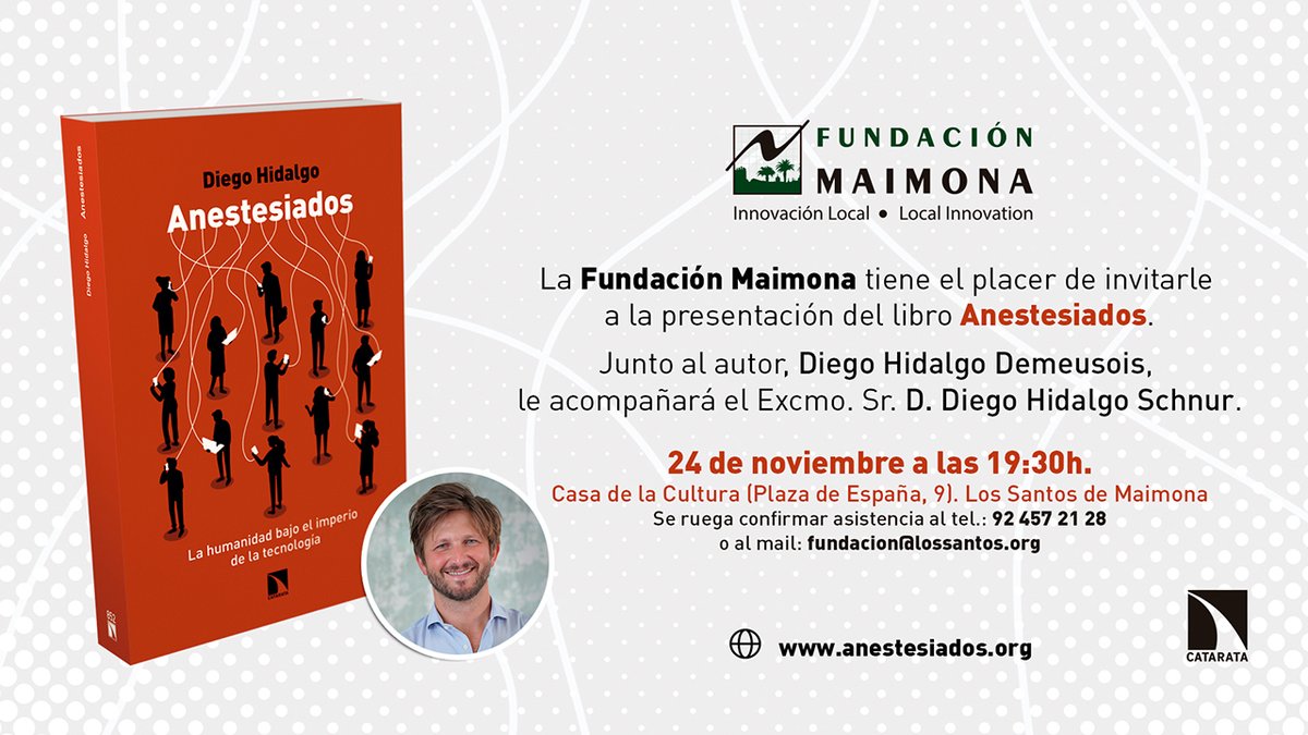Los Santos de Maimona, 24 de noviembre: presentación de 'Anestesiados'. Intervendrán Diego Hidalgo Schnur de, Fundación Maimona <a href="/maimonaorg/">Fundación Maimona</a> y Diego Hidalgo Demeusois <a href="/diegohidalgodem/">Diego Hidalgo</a>, autor del libro. La cita es a las 19.30 h. catarata.org/evento/los-san…