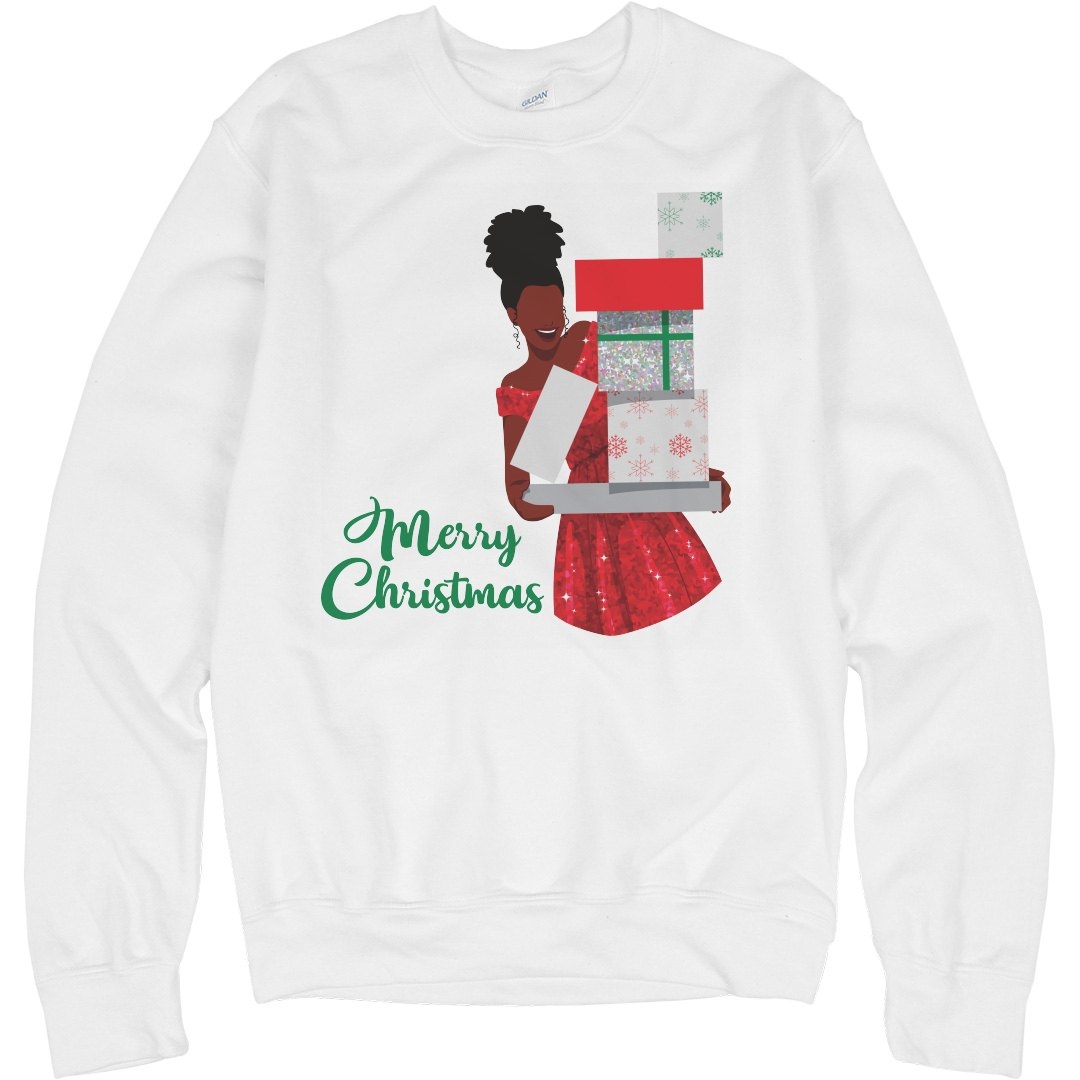 Merry Christmas Black African American Woman Collection by Kenique. Shop at customizedgirl.com/s/bykenique #bykenique #africanamericanchristmas #melaninchristmas #melanin #giftsforblackwomen #christmasgiftsforblackwomen #merrychristmas #christmasgiftsforher #christmasshirts