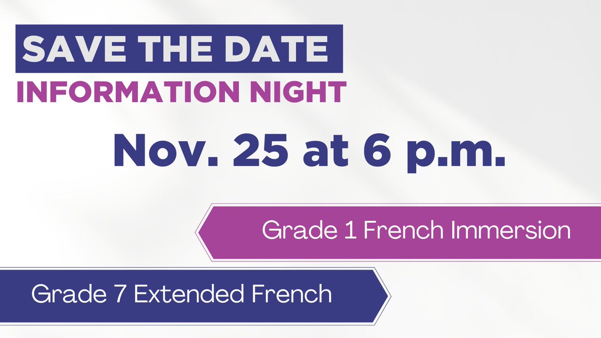 PeelSchools's tweet photo. ‼️SAVE THE DATE 
We're hosting virtual information sessions for families about grade 1 French Immersion and grade 7 Extended French programs on Thursday, Nov. 25 at 6 p.m. Families will receive more info through their local schools.  

Learn more: https://t.co/oOLo6yALwZ https://t.co/AqXx0shBc9