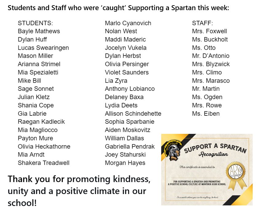 MontourARK's tweet photo. Week 10 of @hilltopspartan Support a Spartan… Over 250 students and staff have been recognized and the list keeps growing! #MontourProud https://t.co/QvSW2BaMBi