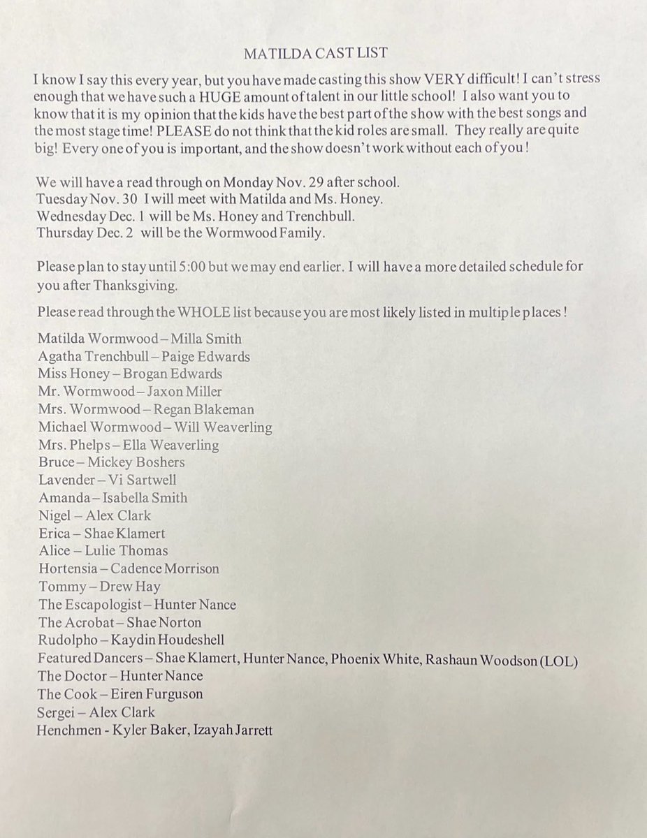 LoriJintheArts's tweet photo. Congrats to the cast of Matilda! Please read EVERYTHING and be aware of the first week of rehearsal. #themount #courage2create @MauryCoSchools https://t.co/Q7fGRAa14L