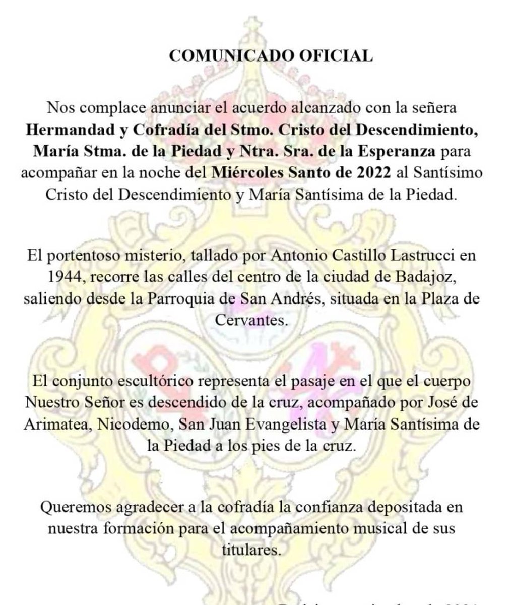 CCTTresucitado's tweet photo. ⚫🟢 MIÉRCOLES SANTO 2022 🟢⚫

Nos complace anunciar el acuerdo alcanzado con la señera @HdadDescendBjoz para acompañar en la noche del Miércoles Santo de 2022 al Santísimo Cristo del Descendimiento y María Santísima de la Piedad. https://t.co/uxh4pdpGtJ